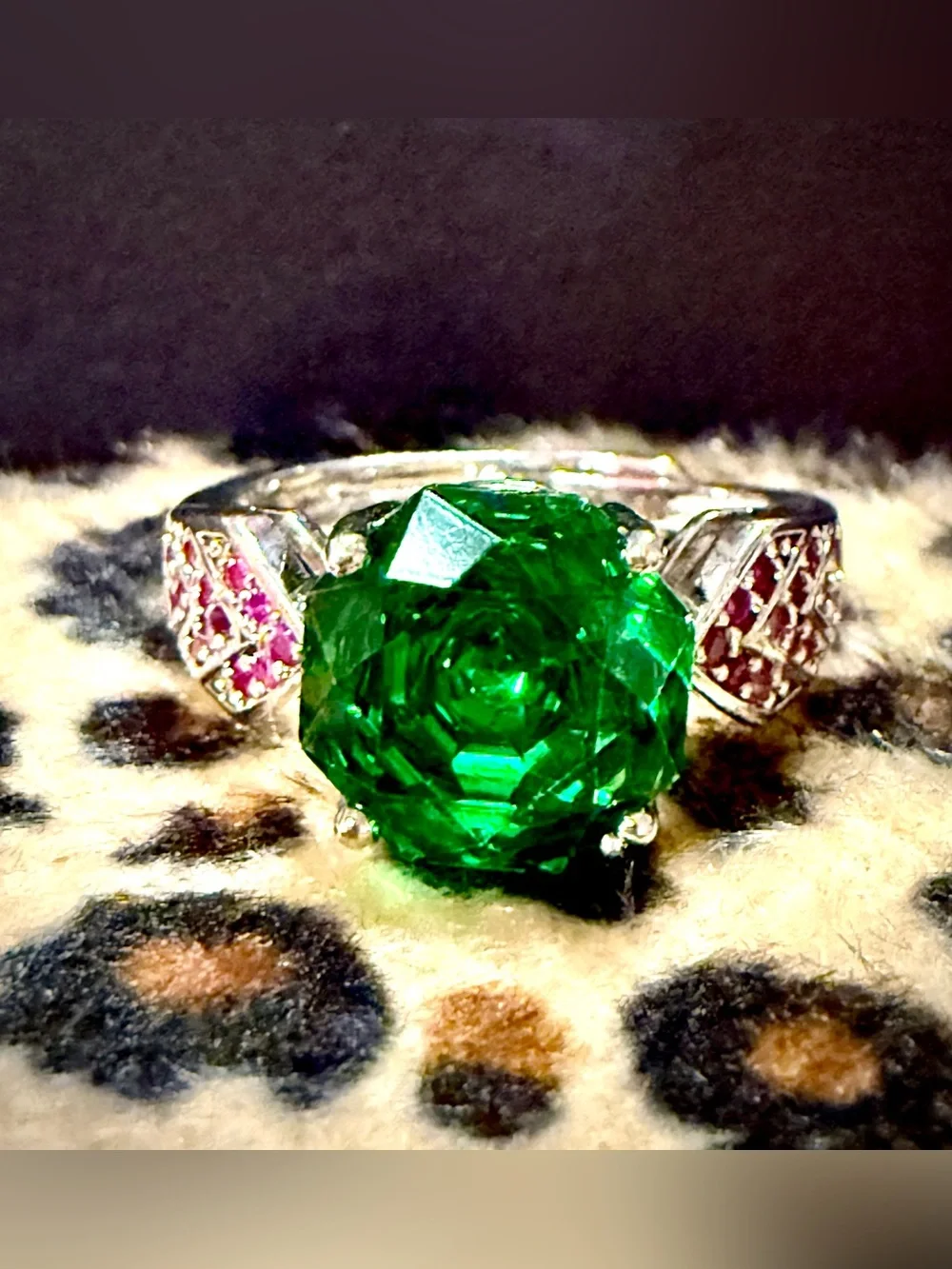Green Crystal Floral Ring with Pink Accent Stones